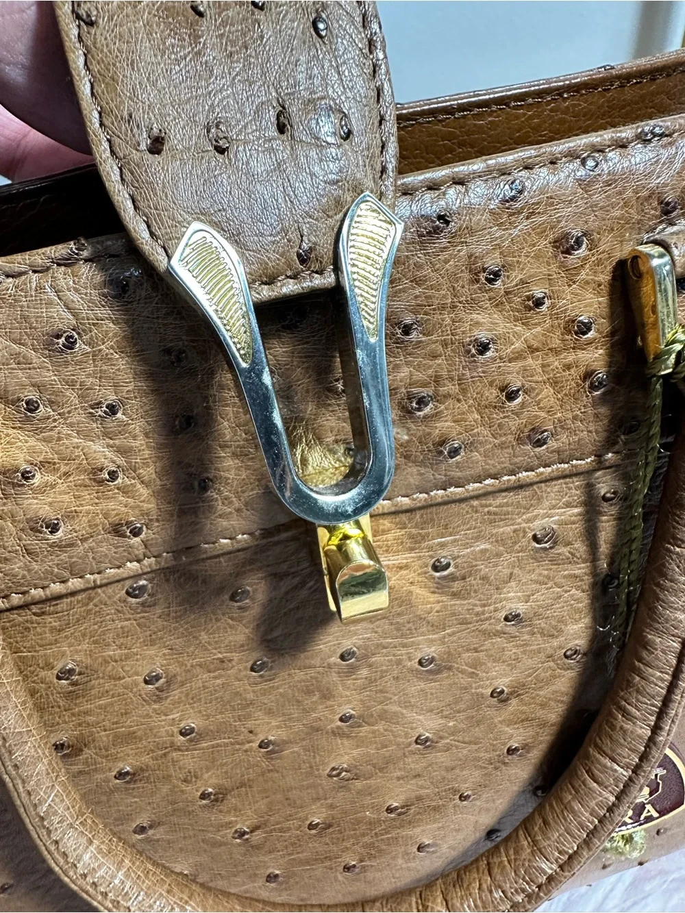 Brown Ostrich-Texture Satchel with Top Handles